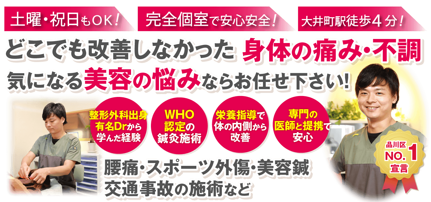 どこでも改善しなかった体の痛み・不調 気になる美容の悩みならお任せください！ 腰痛・スポーツ外傷・美容鍼　交通事故の施術など